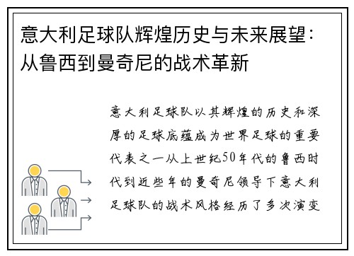 意大利足球队辉煌历史与未来展望：从鲁西到曼奇尼的战术革新