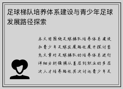 足球梯队培养体系建设与青少年足球发展路径探索