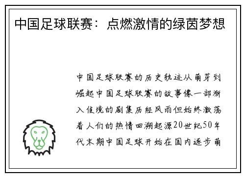 中国足球联赛：点燃激情的绿茵梦想