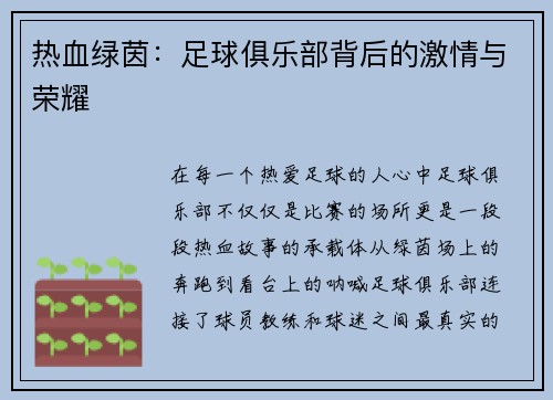 热血绿茵：足球俱乐部背后的激情与荣耀