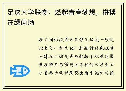 足球大学联赛：燃起青春梦想，拼搏在绿茵场