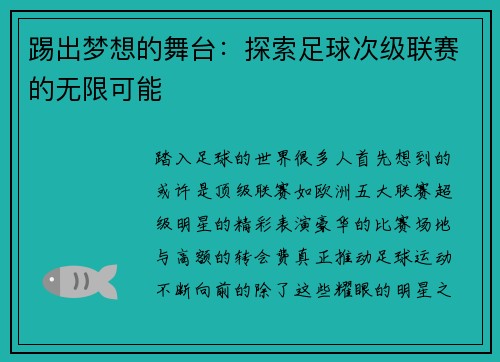 踢出梦想的舞台：探索足球次级联赛的无限可能